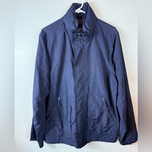 Lands End Mens Windbreaker Jacket Navy Blue‎ Medium Rollaway Hood Excellent